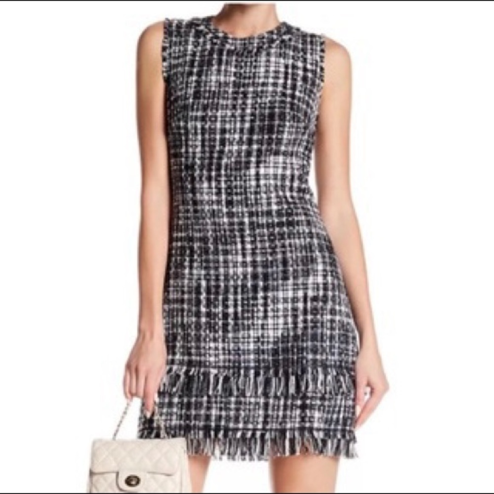 Eliza J Sleeveless Fringe Tweed Boucle Dress